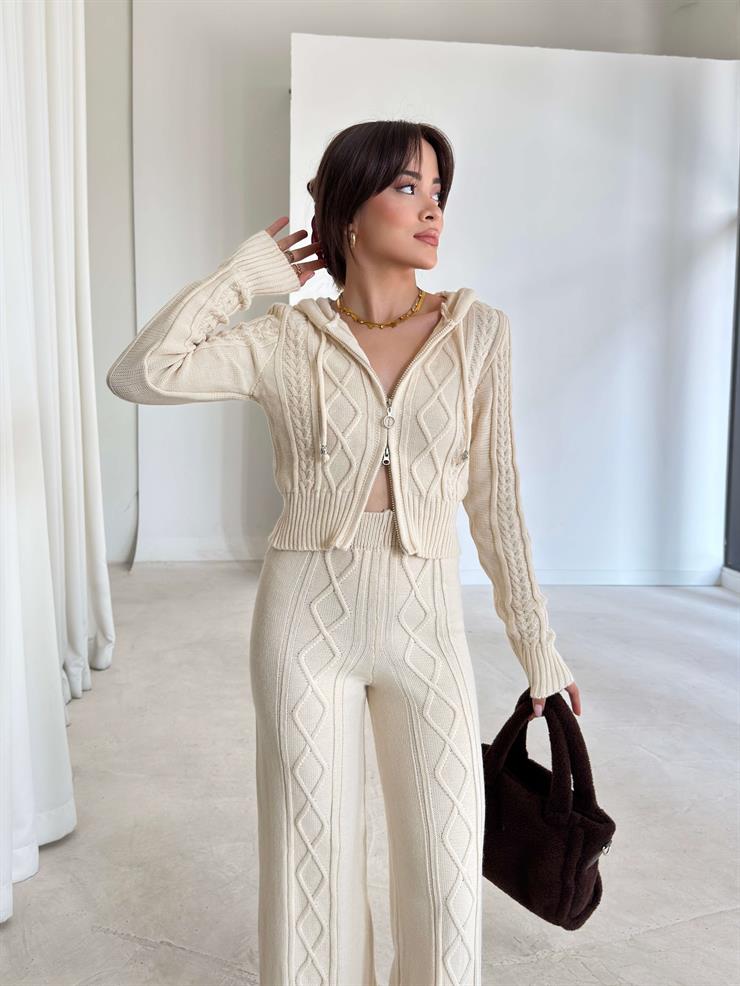 Kapüşonlu Önü Fermuarlı Keplini Taş Kadın İkili Triko Takım 26K198