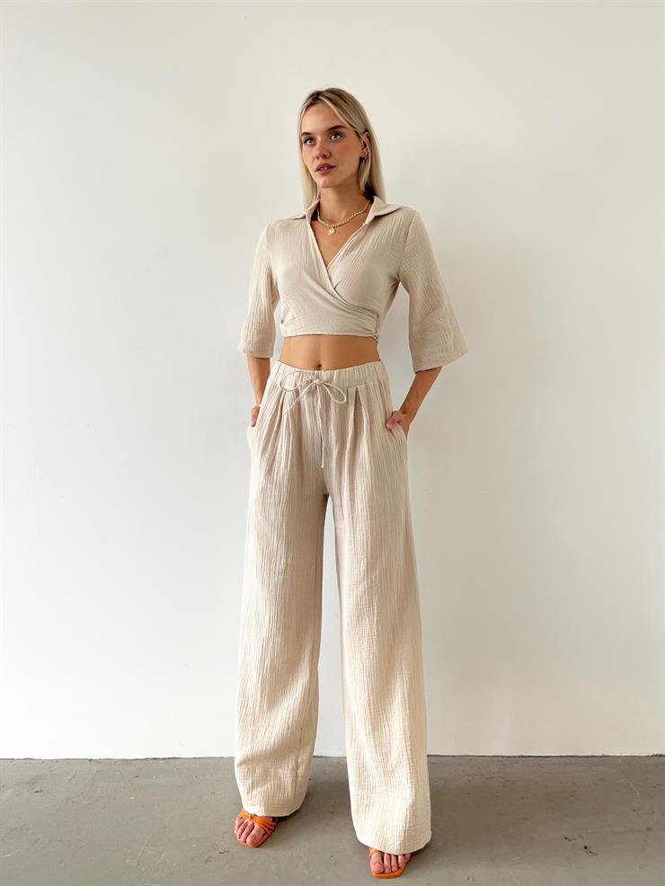 Kruvaze Belden Bağlamalı Crop Yüksek el Beli Lastikli Bol Paça Pantolon Kerlo Kadın Taş Takım 23Y000575