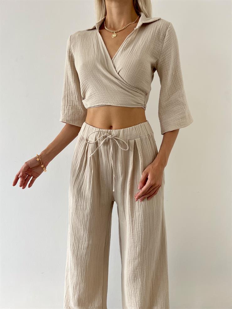 Kruvaze Belden Bağlamalı Crop Yüksek el Beli Lastikli Bol Paça Pantolon Kerlo Kadın Taş Takım 23Y000575