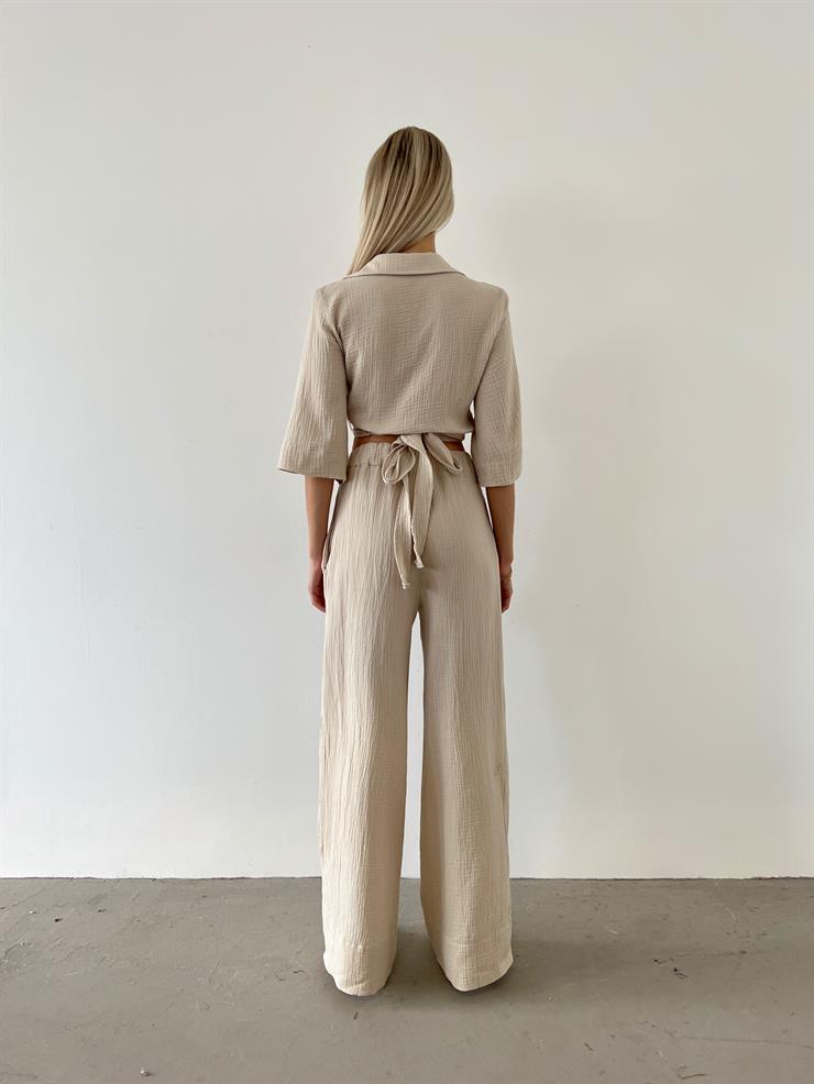 Kruvaze Belden Bağlamalı Crop Yüksek el Beli Lastikli Bol Paça Pantolon Kerlo Kadın Taş Takım 23Y000575