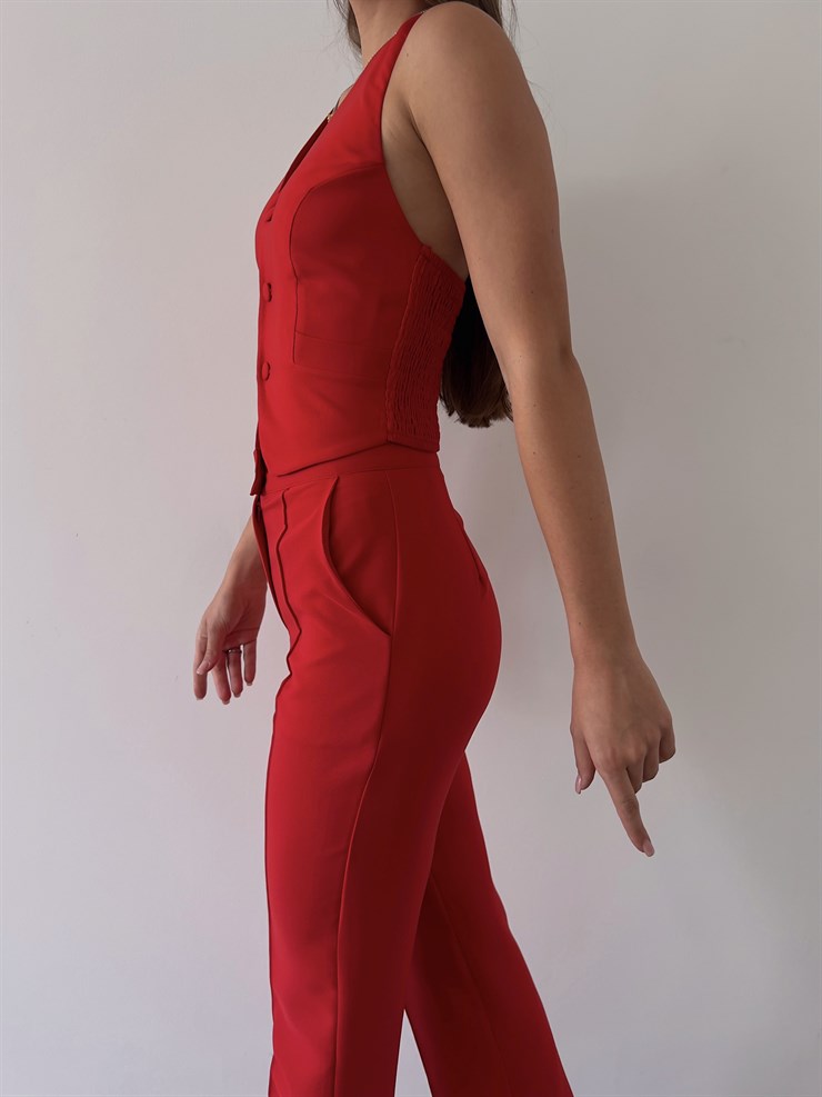 Düğme Kapamalı Alt Yanları Cepli Kesley Kadın Kırmızı Üçlü Takım 23K000248