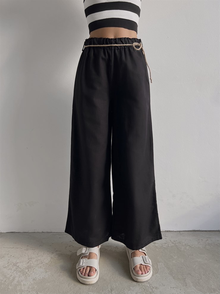 Keten Bağcık Detaylı Lastik Bel Geniş Paçalı Rosamunda Kadın Siyah Pantolon 22Y000354