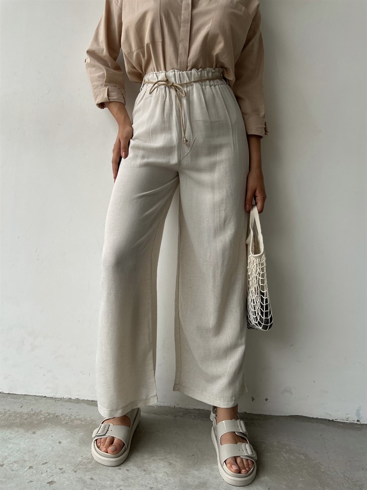 Keten Bağcık Detaylı Lastik Bel Geniş Paçalı Rosamunda Kadın Taş Pantolon 22Y000354