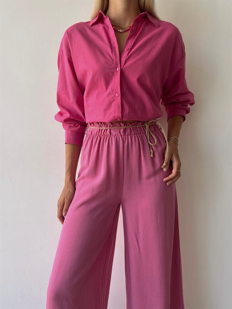 Keten Bağcık Detaylı Lastik Bel Geniş Paçalı Rosamunda Kadın Fuşya Pantolon 22Y000354