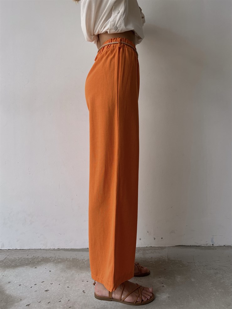 Keten Bağcık Detaylı Lastik Bel Geniş Paçalı Rosamunda Kadın Turuncu Pantolon 22Y000354