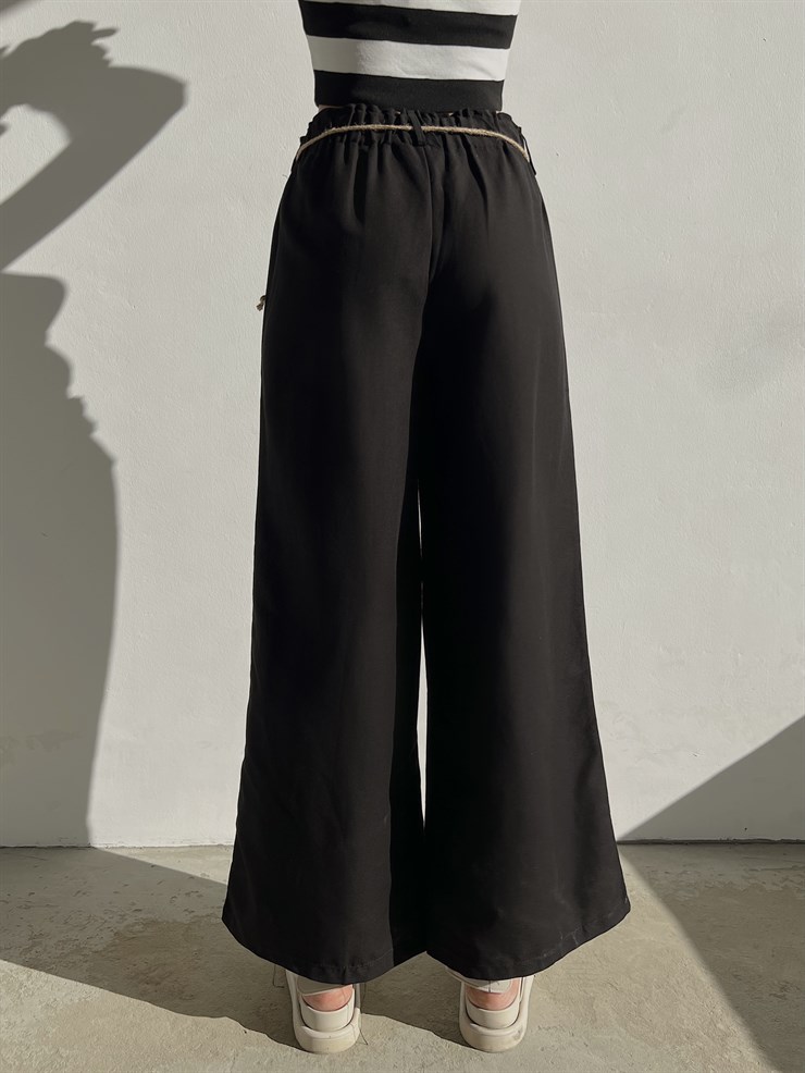 Keten Bağcık Detaylı Lastik Bel Geniş Paçalı Rosamunda Kadın Siyah Pantolon 22Y000354