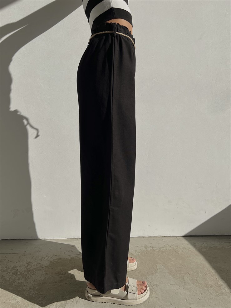 Keten Bağcık Detaylı Lastik Bel Geniş Paçalı Rosamunda Kadın Siyah Pantolon 22Y000354