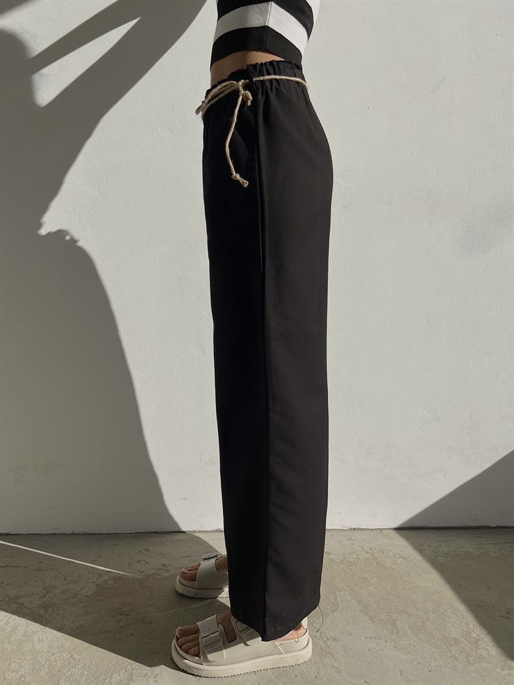 Keten Bağcık Detaylı Lastik Bel Geniş Paçalı Rosamunda Kadın Siyah Pantolon 22Y000354