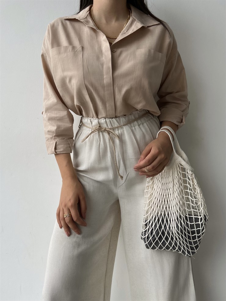 Keten Bağcık Detaylı Lastik Bel Geniş Paçalı Rosamunda Kadın Taş Pantolon 22Y000354