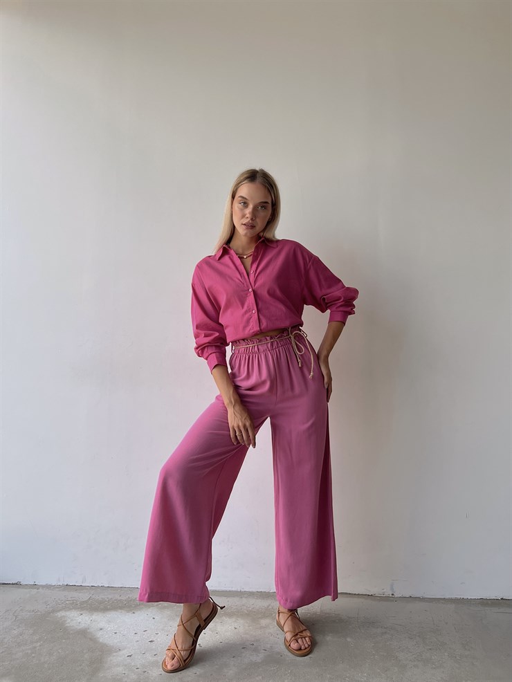 Keten Bağcık Detaylı Lastik Bel Geniş Paçalı Rosamunda Kadın Fuşya Pantolon 22Y000354