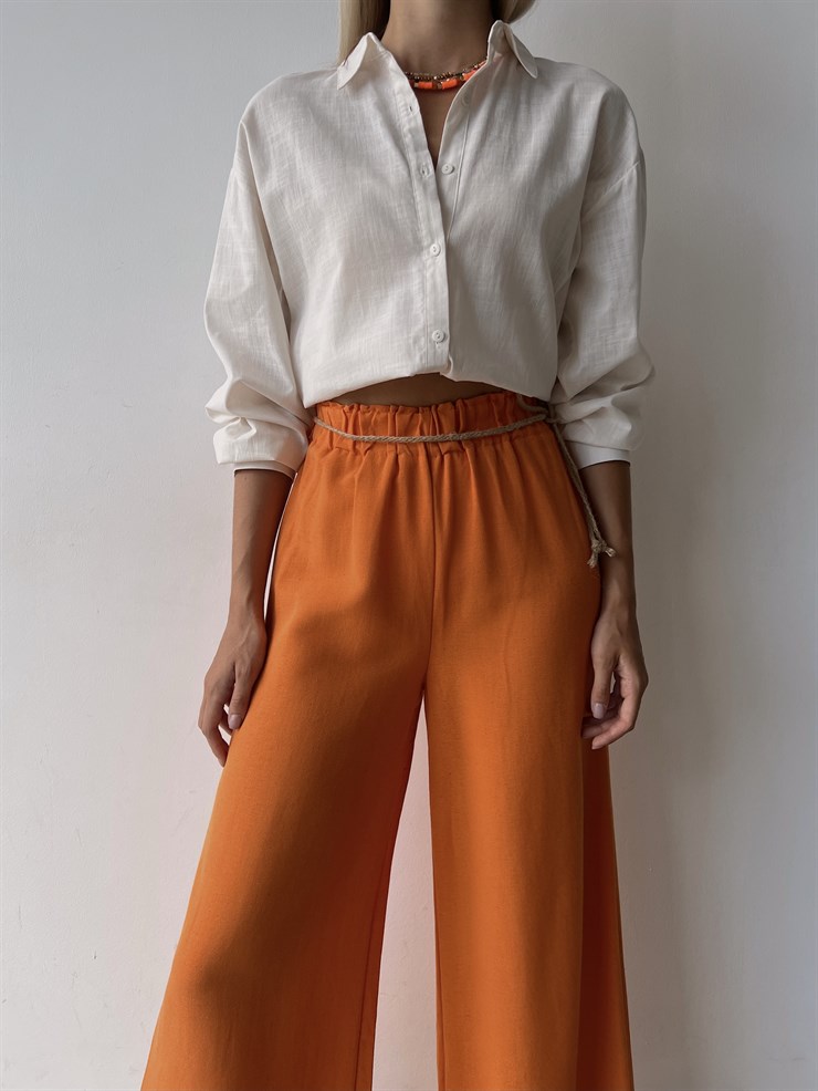 Keten Bağcık Detaylı Lastik Bel Geniş Paçalı Rosamunda Kadın Turuncu Pantolon 22Y000354