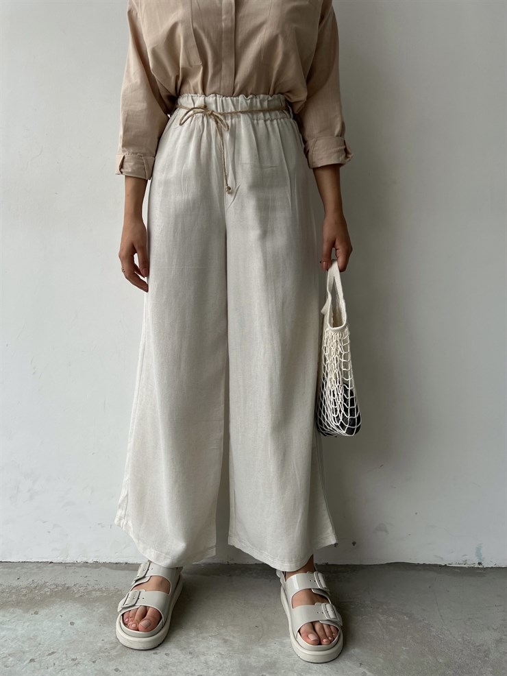 Keten Bağcık Detaylı Lastik Bel Geniş Paçalı Rosamunda Kadın Taş Pantolon 22Y000354