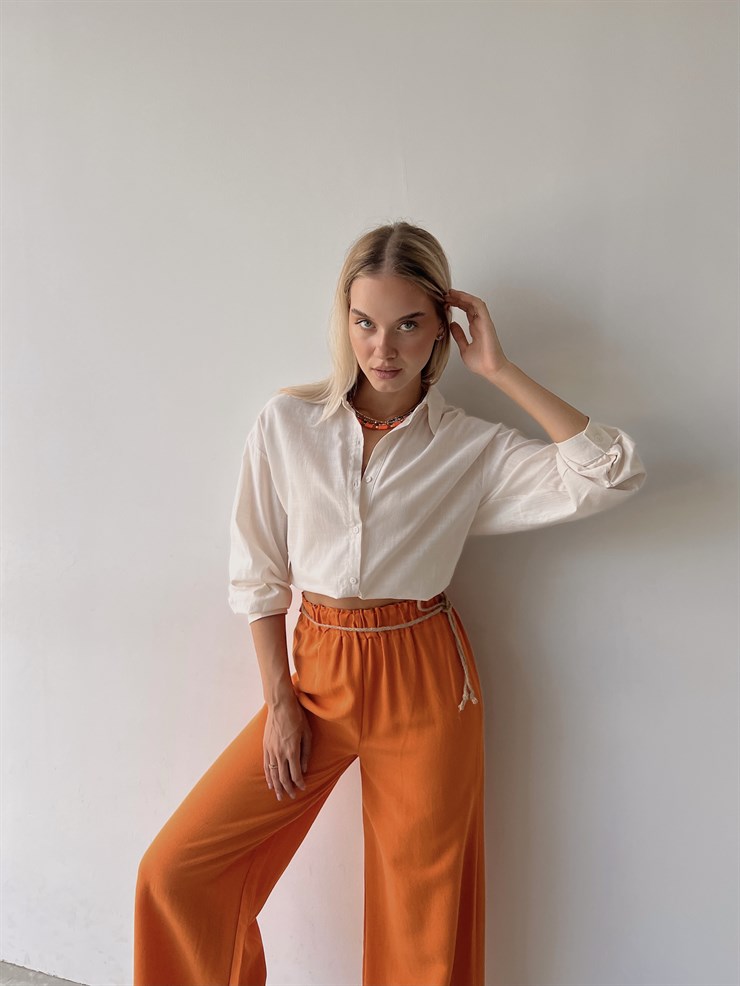 Keten Bağcık Detaylı Lastik Bel Geniş Paçalı Rosamunda Kadın Turuncu Pantolon 22Y000354