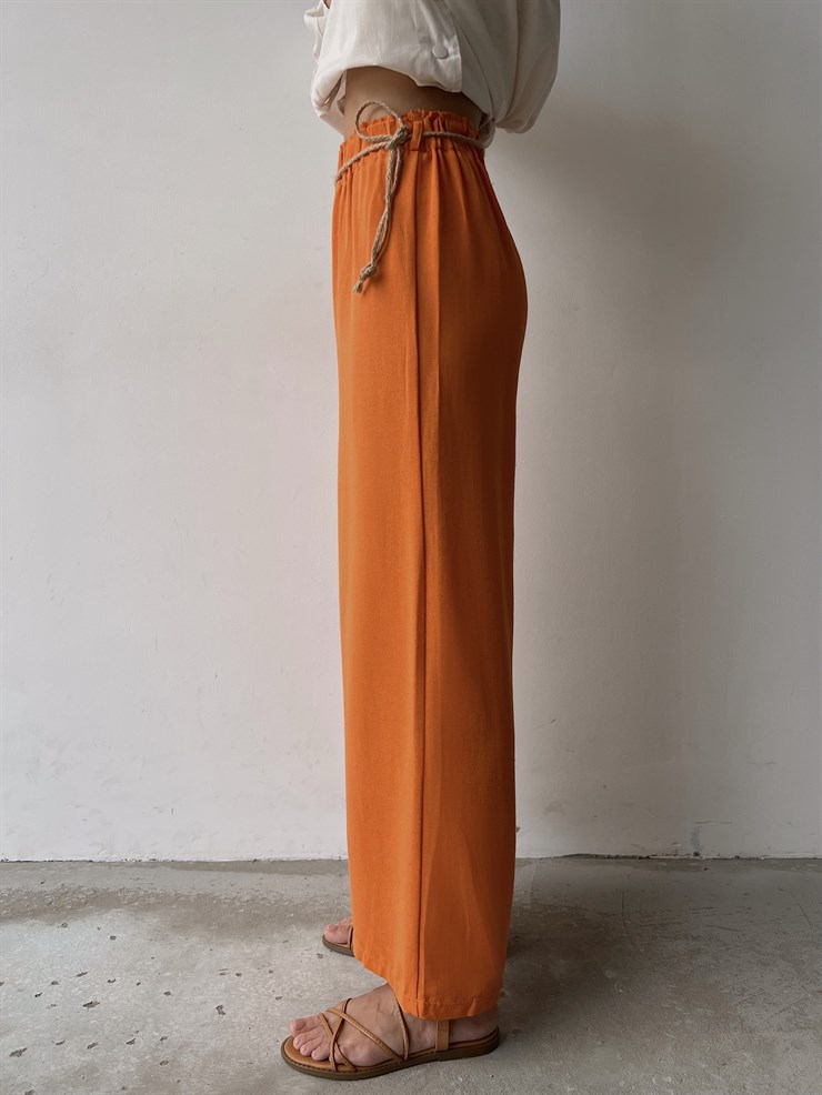 Keten Bağcık Detaylı Lastik Bel Geniş Paçalı Rosamunda Kadın Turuncu Pantolon 22Y000354