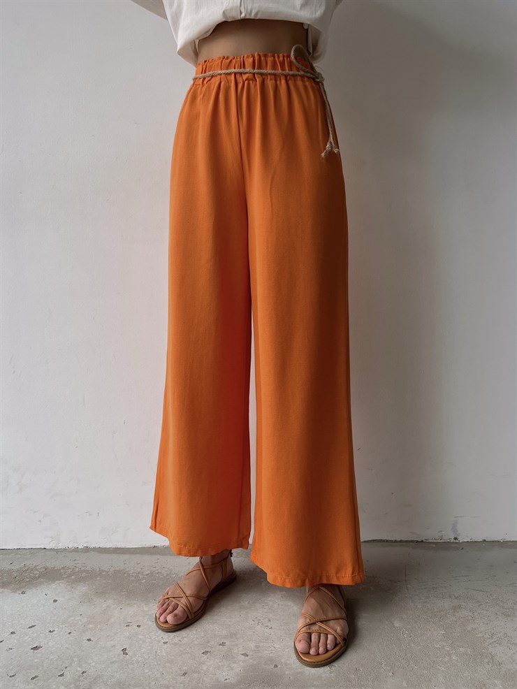 Keten Bağcık Detaylı Lastik Bel Geniş Paçalı Rosamunda Kadın Turuncu Pantolon 22Y000354