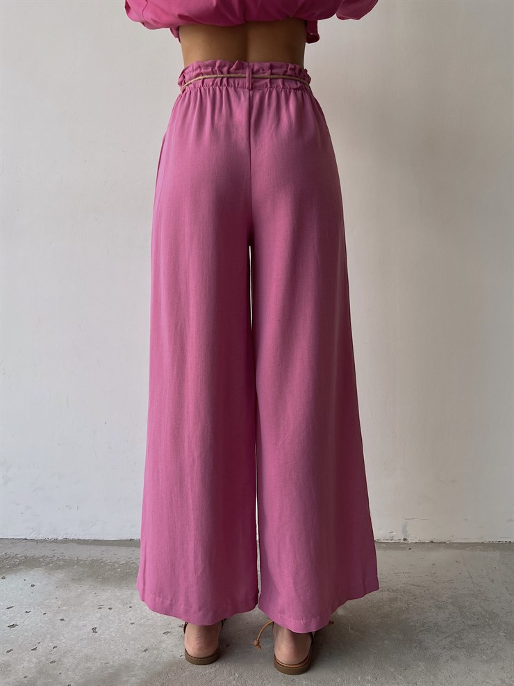 Keten Bağcık Detaylı Lastik Bel Geniş Paçalı Rosamunda Kadın Fuşya Pantolon 22Y000354