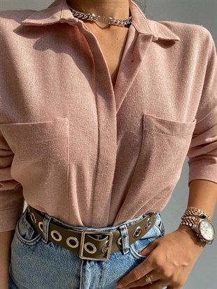 Büyük Cepli Keten Karışımlı Kadın Pembe Gömlek 20Y000045