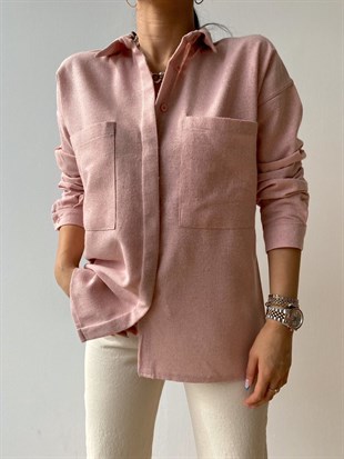 Büyük Cepli Keten Karışımlı Kadın Pembe Gömlek 20Y000045