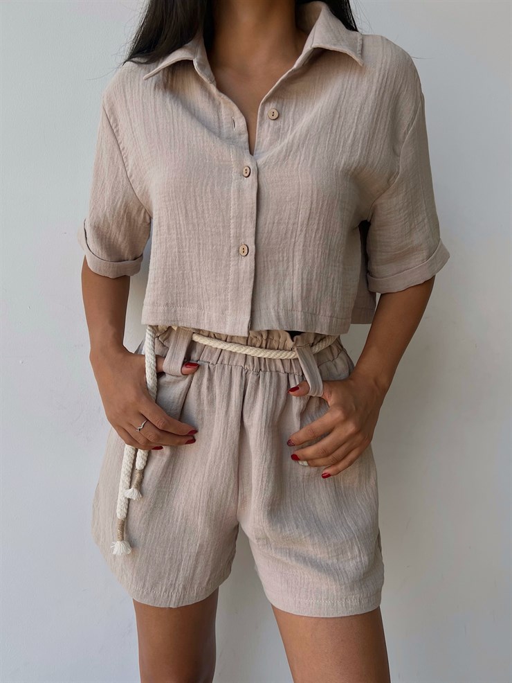 Keten Karışımı Kumaş Lastikli Bel Şort Ve Crop Gömlek Marita Kadın Taş İkili Takım 22Y000489