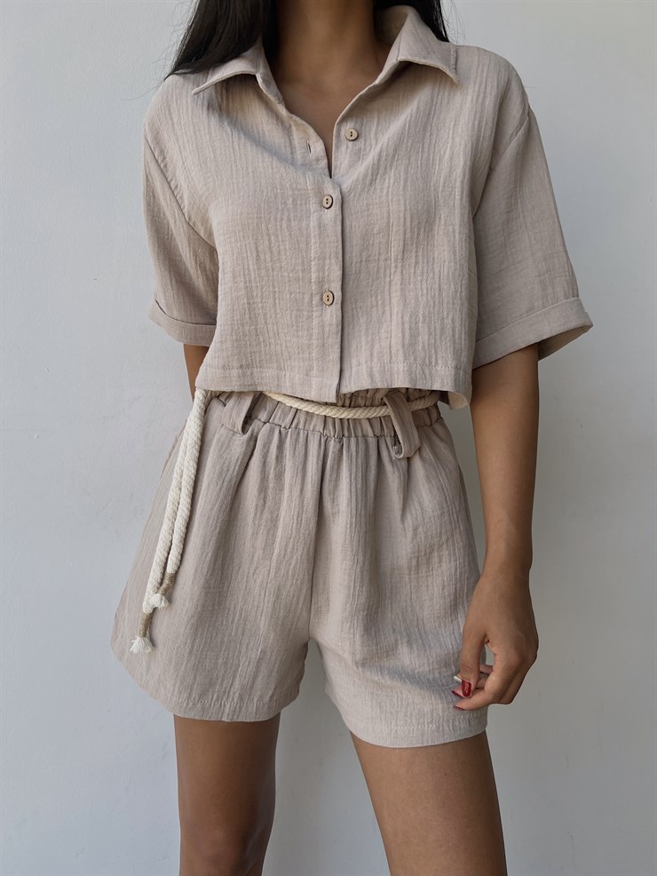 Keten Karışımı Kumaş Lastikli Bel Şort Ve Crop Gömlek Marita Kadın Taş İkili Takım 22Y000489