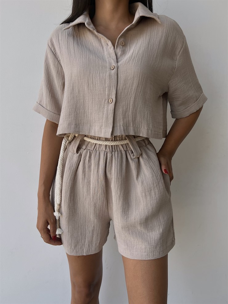 Keten Karışımı Kumaş Lastikli Bel Şort Ve Crop Gömlek Marita Kadın Taş İkili Takım 22Y000489
