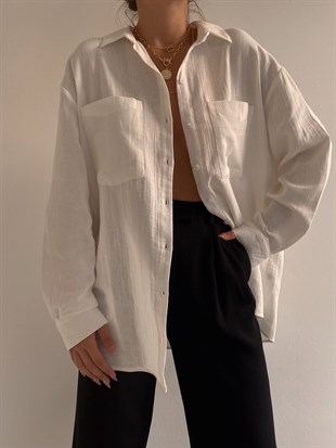 Pamuk Karışımlı Keten Oversize Kadın Beyaz Gömlek 22K000041