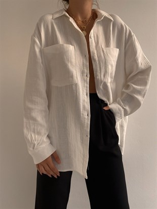 Pamuk Karışımlı Keten Oversize Kadın Beyaz Gömlek 22K000041