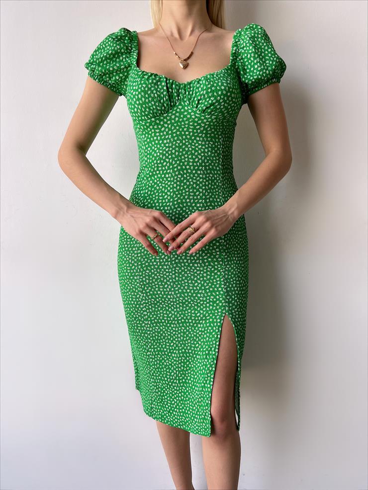 Düşük Omuz Kolları Lastikli Keven Kadın Yeşil Midi Elbise 23Y000270