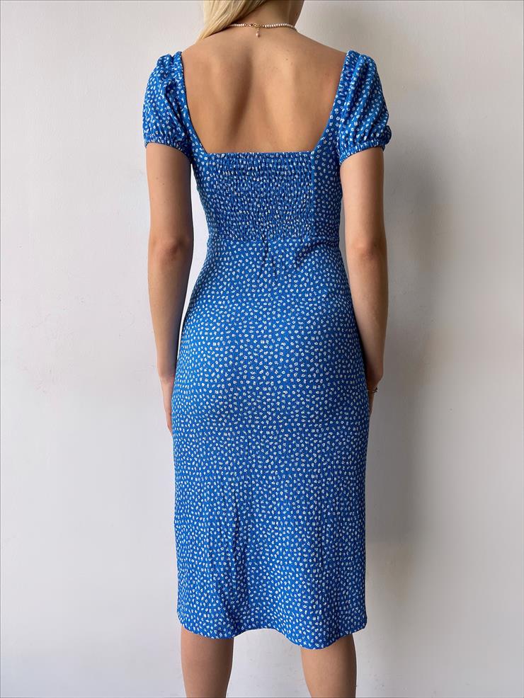 Düşük Omuz Kolları Lastikli Keven Kadın Mavi Midi Elbise 23Y000270