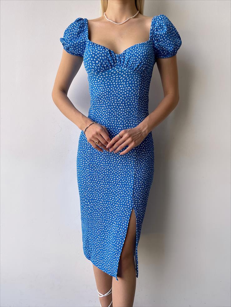 Düşük Omuz Kolları Lastikli Keven Kadın Mavi Midi Elbise 23Y000270