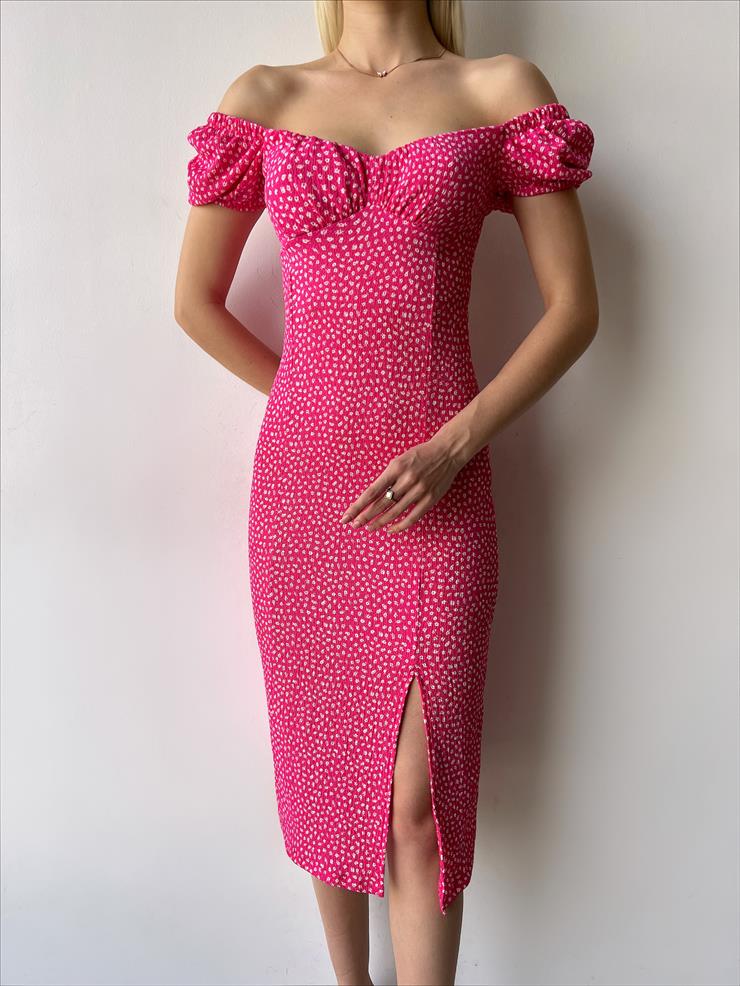 Düşük Omuz Kolları Lastikli Keven Kadın Pembe Midi Elbise 23Y000270