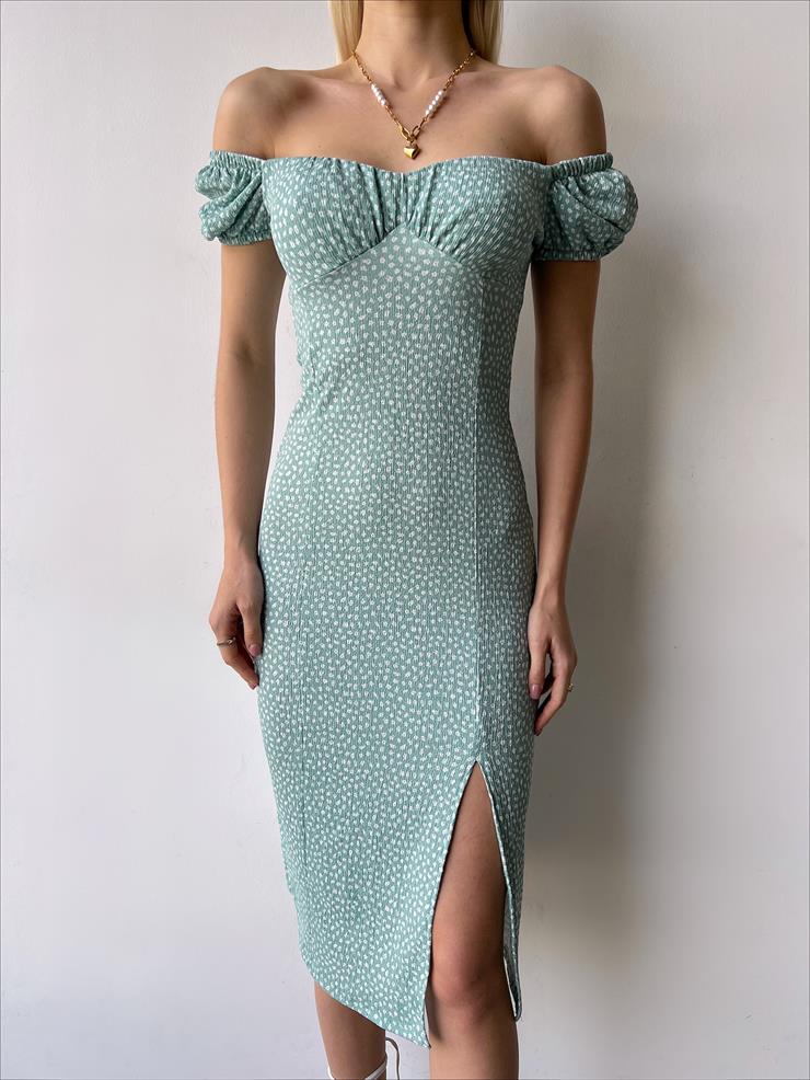 Düşük Omuz Kolları Lastikli Keven Kadın Mint Midi Elbise 23Y000270