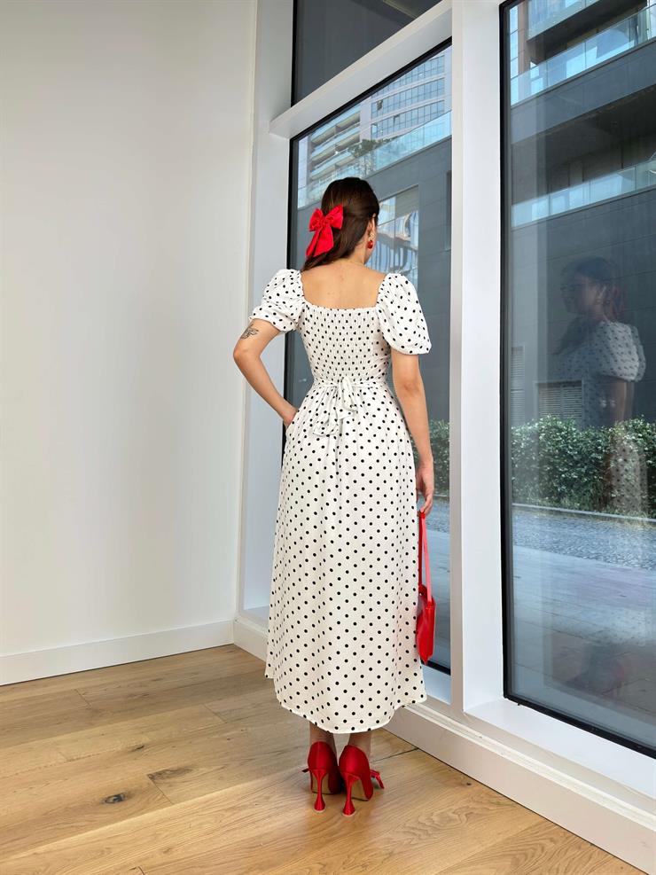 Balon Kol Kare Yaka Bağlama Detaylı Puantiyeli Kevin Kadın Beyaz Elbise 24Y671