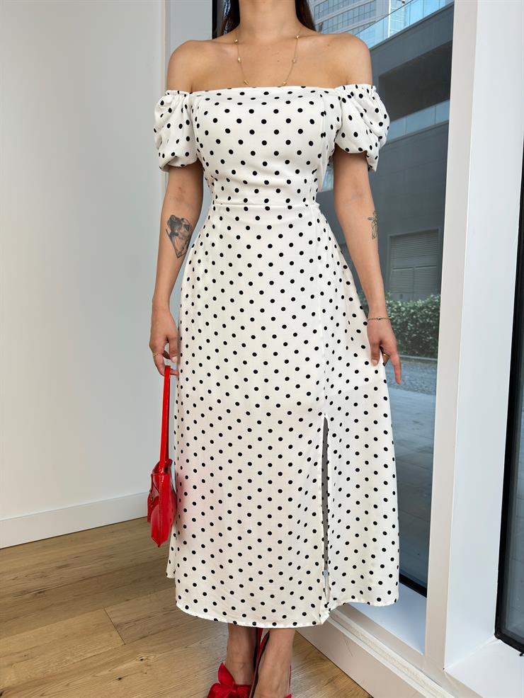 Balon Kol Kare Yaka Bağlama Detaylı Puantiyeli Kevin Kadın Beyaz Elbise 24Y671