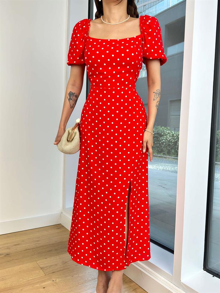 Balon Kol Kare Yaka Bağlama Detaylı Puantiyeli Kevin Kadın Kırmızı Elbise 24Y671