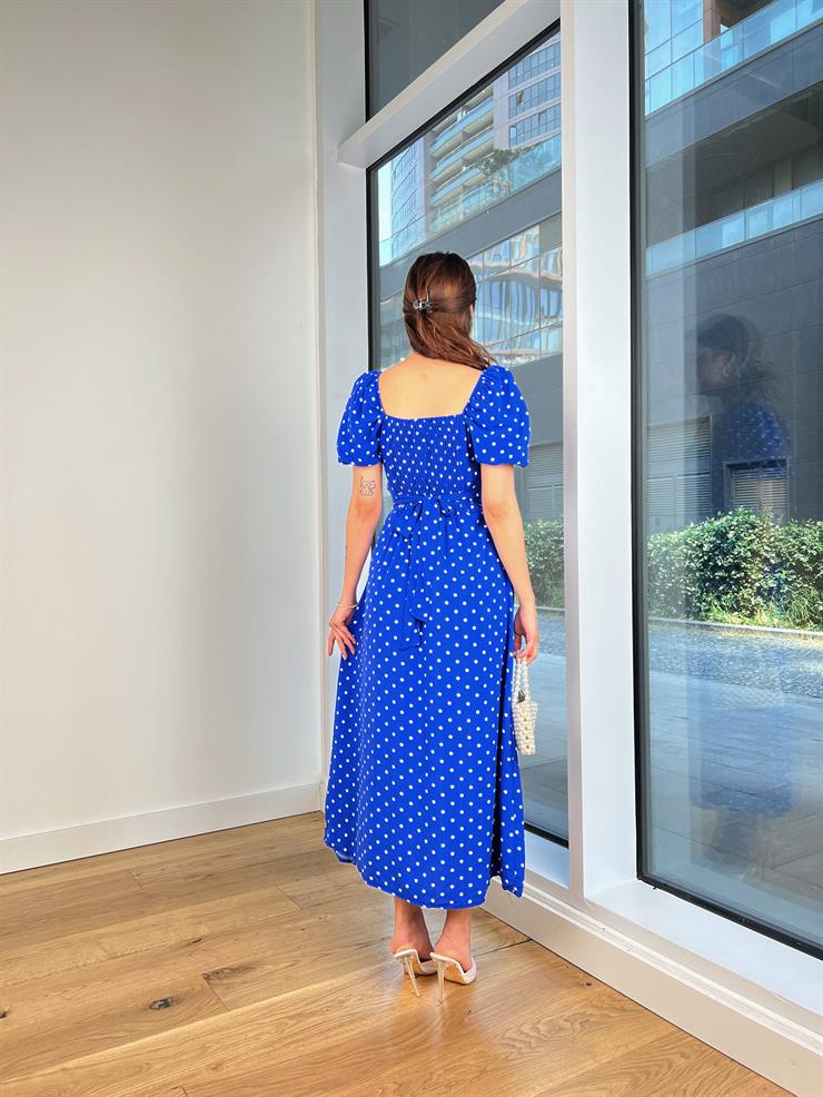 Balon Kol Kare Yaka Bağlama Detaylı Puantiyeli Kevin Kadın Mavi Elbise 24Y671