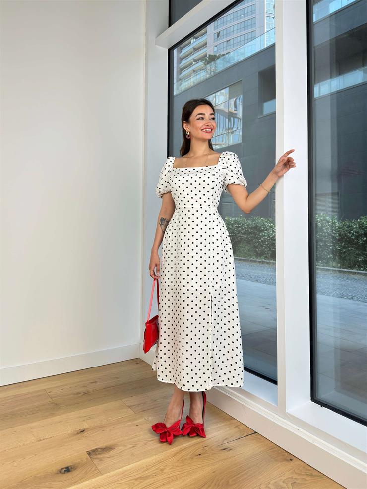 Balon Kol Kare Yaka Bağlama Detaylı Puantiyeli Kevin Kadın Beyaz Elbise 24Y671