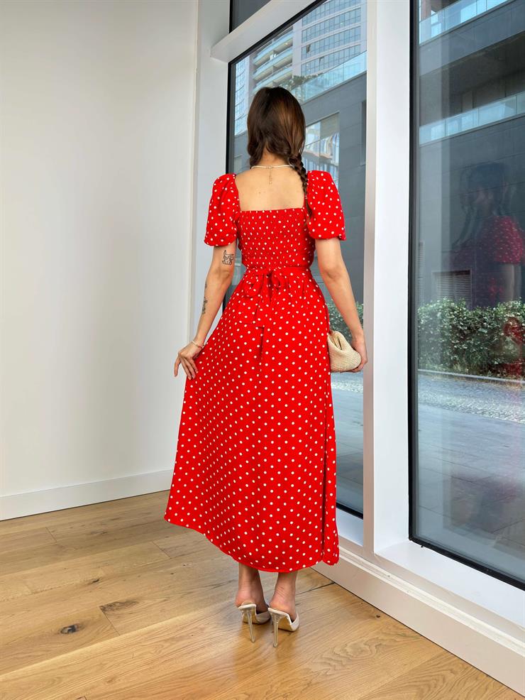 Balon Kol Kare Yaka Bağlama Detaylı Puantiyeli Kevin Kadın Kırmızı Elbise 24Y671