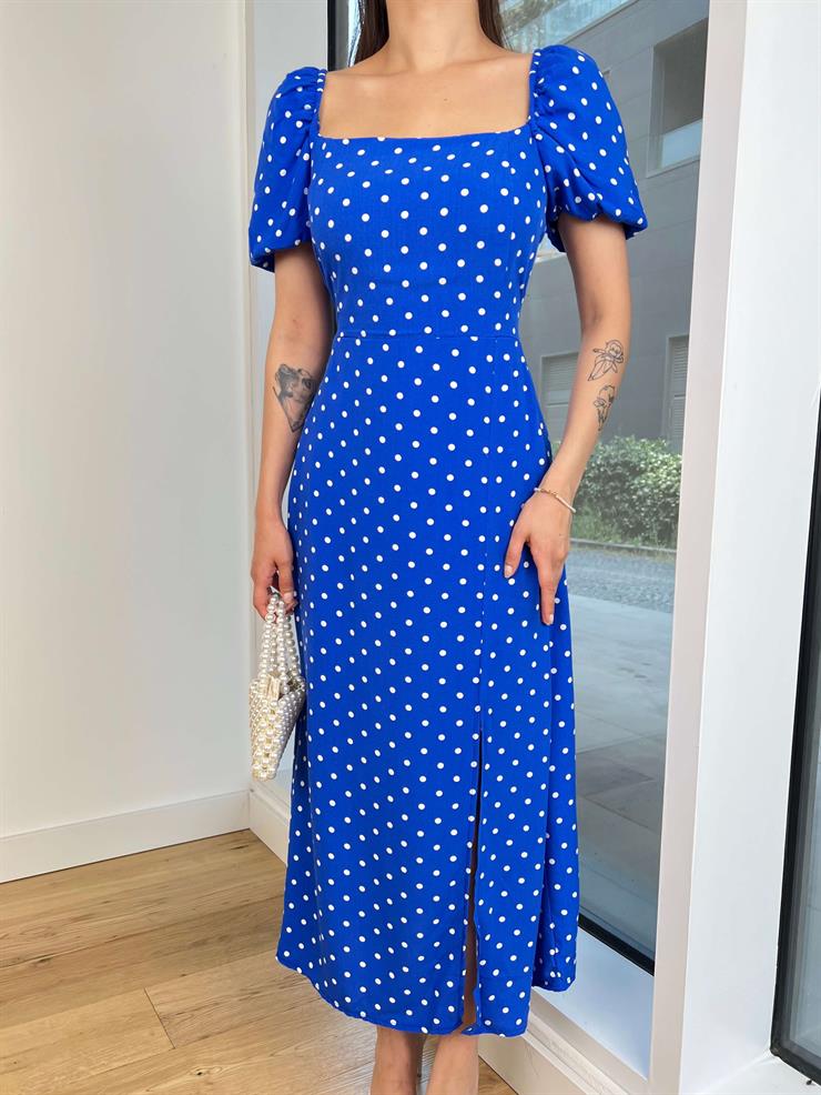 Balon Kol Kare Yaka Bağlama Detaylı Puantiyeli Kevin Kadın Mavi Elbise 24Y671