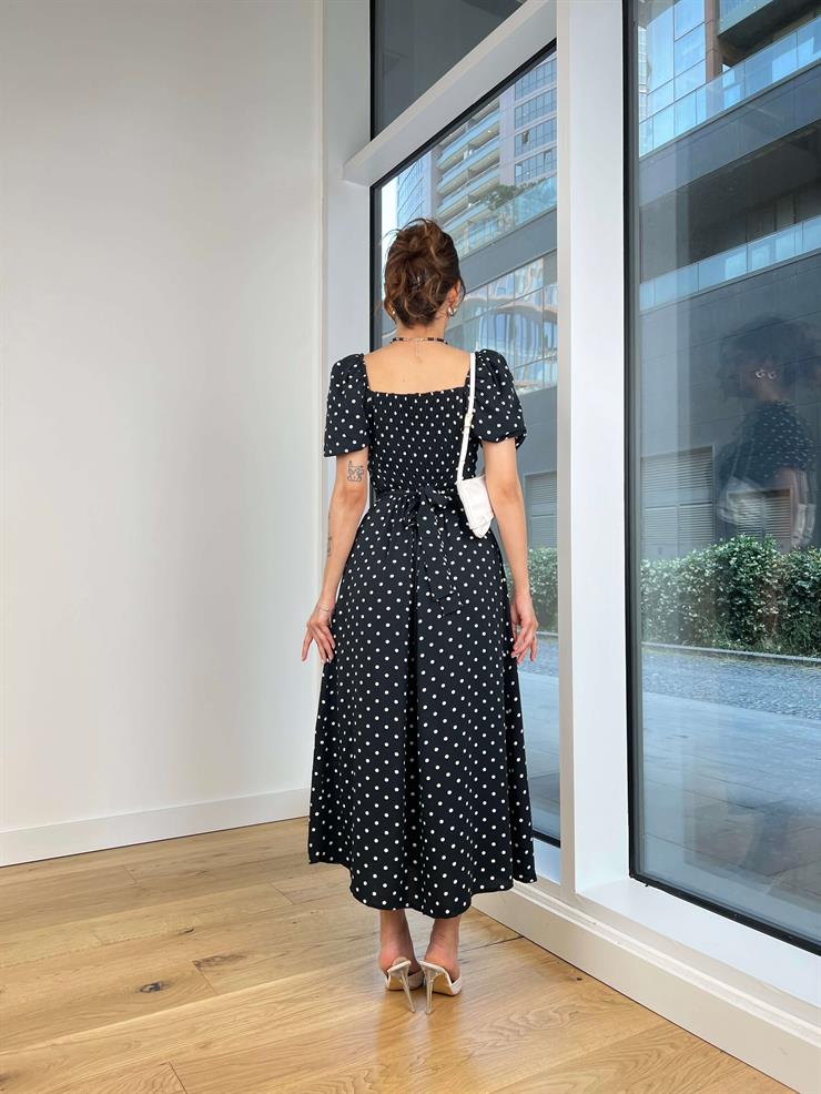 Balon Kol Kare Yaka Bağlama Detaylı Puantiyeli Kevin Kadın Siyah Elbise 24Y671