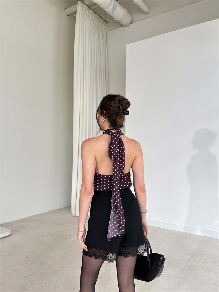 Puantiyeli Aksesuarlı Kendinden Fularlı Kevlo Kahve Kadın Bluz 26Y036