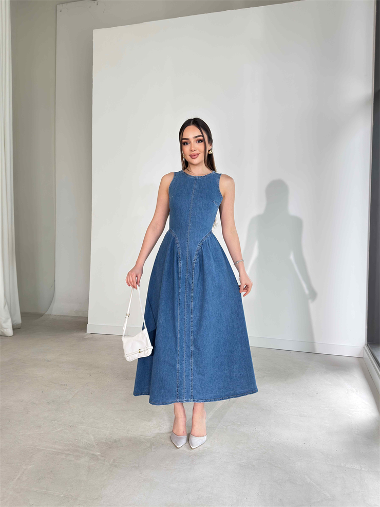 Arkası İp Bağlamalı Pencere Detaylı Eteği Çan Model Kevran Mavi Kadın Kot Elbise 26Y121