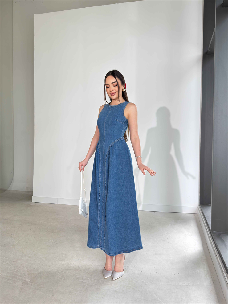 Arkası İp Bağlamalı Pencere Detaylı Eteği Çan Model Kevran Mavi Kadın Kot Elbise 26Y121