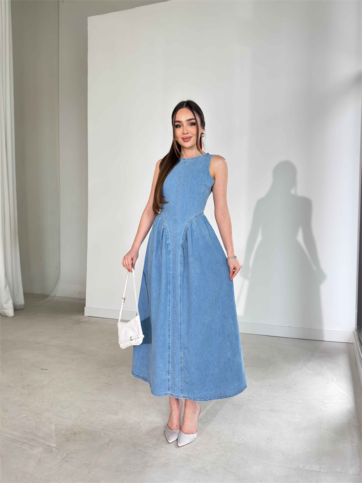 Arkası İp Bağlamalı Pencere Detaylı Eteği Çan Model Kevran Buz Mavisi Kadın Kot Elbise 26Y121