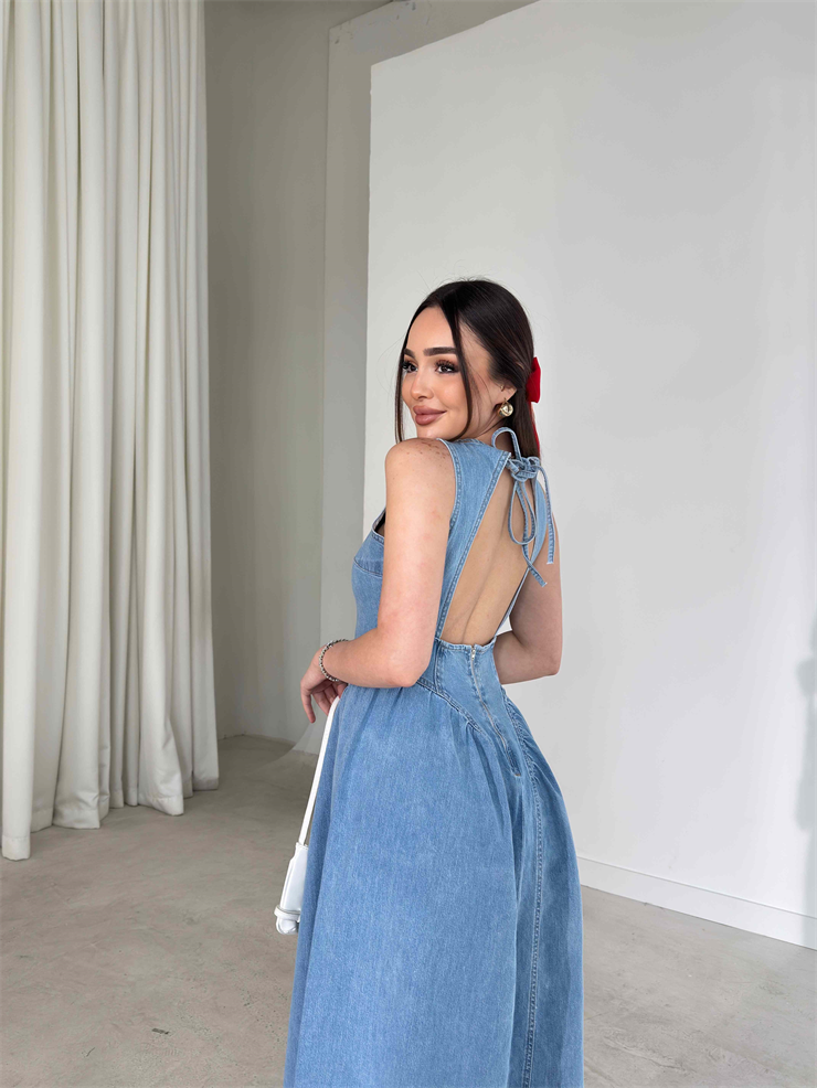 Arkası İp Bağlamalı Pencere Detaylı Eteği Çan Model Kevran Buz Mavisi Kadın Kot Elbise 26Y121