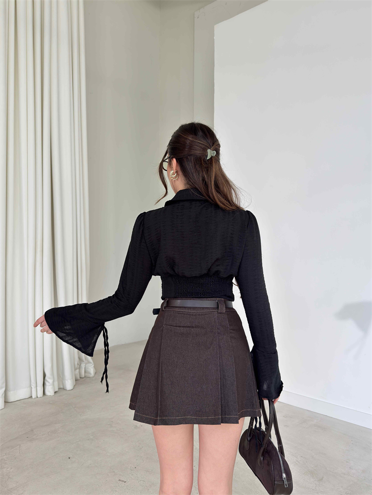 Kemerli Pileli Kevro Kahve Kadın Kot Etek 26Y088