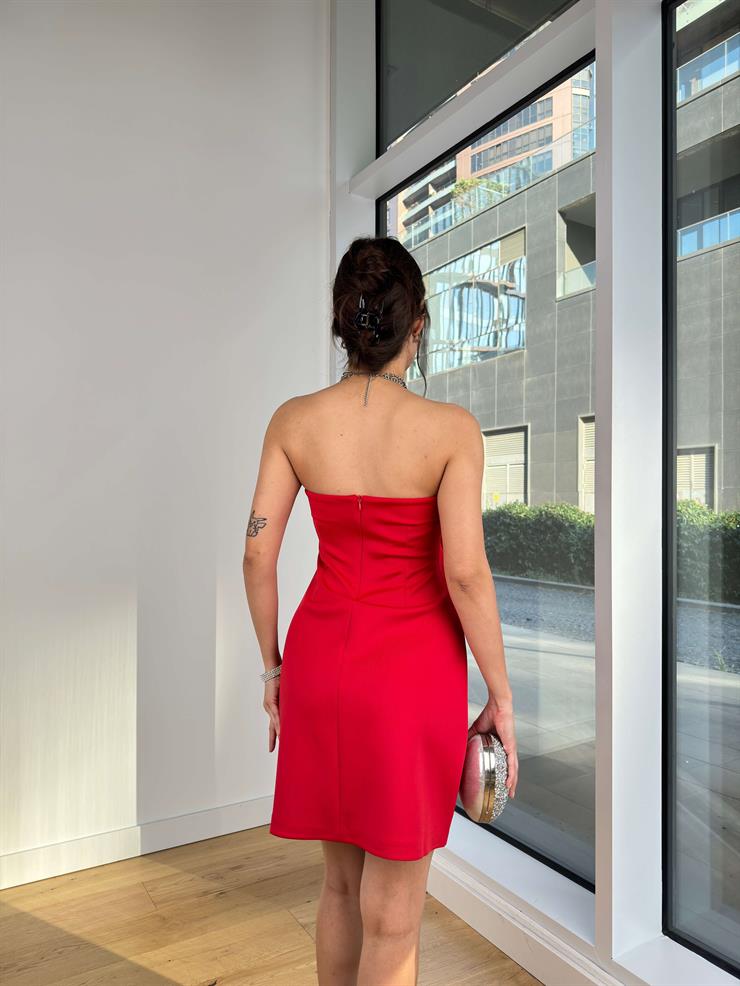 Straplez Çiçek Detaylı Keyler Kırmızı Kadın Mini Elbise 25K359