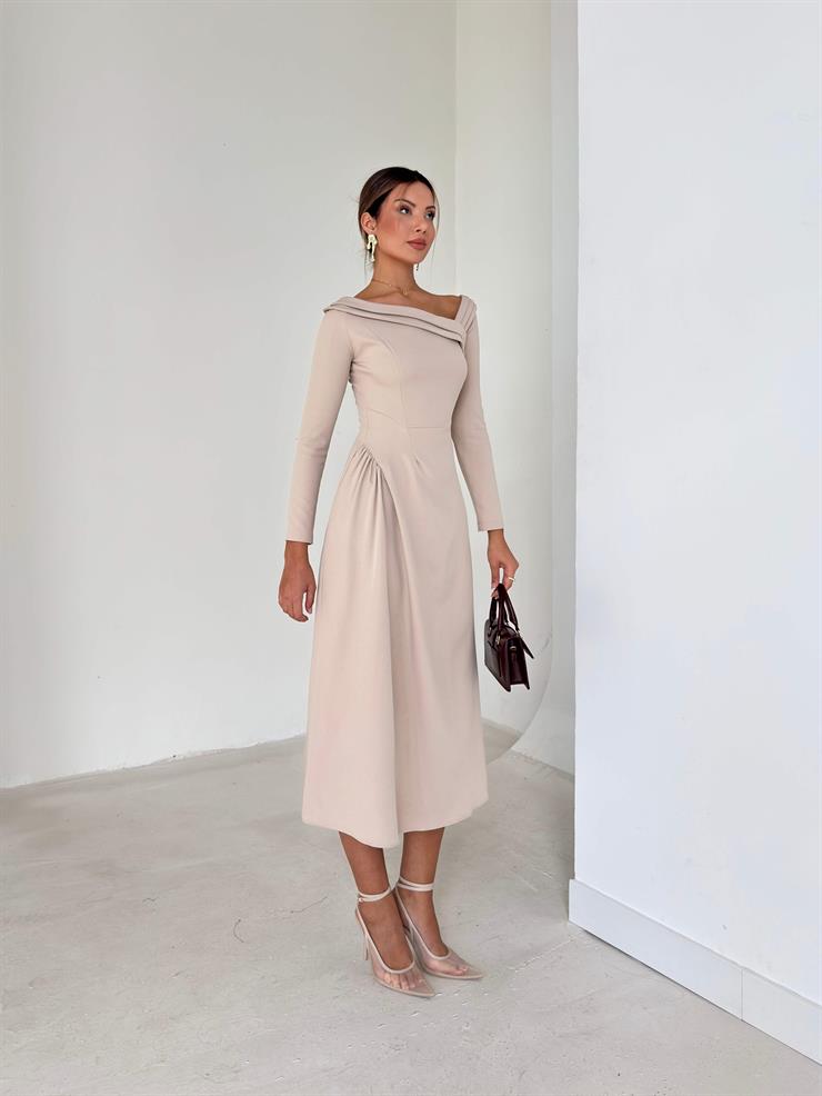 Asimetrik Yaka Uzun Kollu Keyli Taş Kadın Midi Elbise 26K087