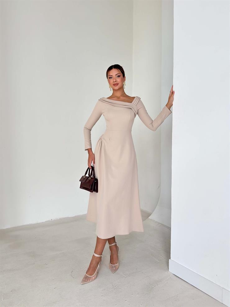 Asimetrik Yaka Uzun Kollu Keyli Taş Kadın Midi Elbise 26K087