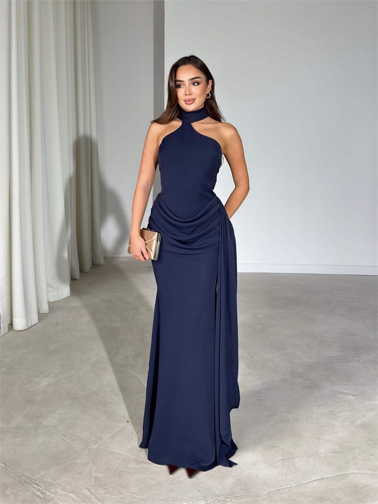 Boğazlı Asimetrik Yaka Drape Detaylı Maxi Boy Lacivert Keyna Kadın Elbise 26Y523